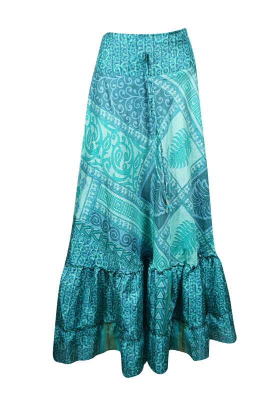 Long Skirt Sky Blue Floral Maxi Skirt Patchwork Boho Skirt Dress M/L