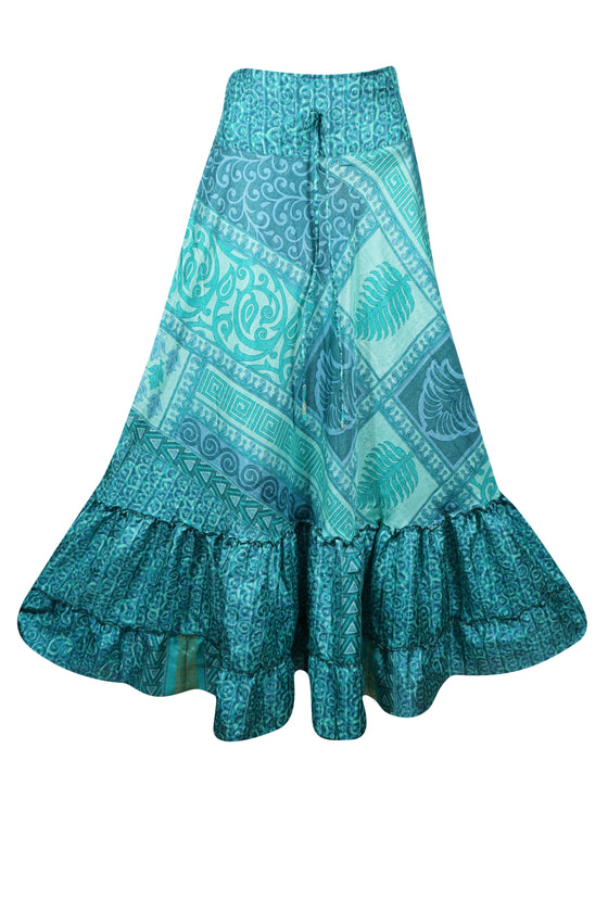 Long Skirt Sky Blue Floral Maxi Skirt Patchwork Boho Skirt Dress M/L