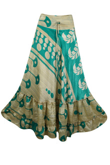  Womens Beige Green Stylish Beach Maxi Skirt Tiered Ruffle Boho Skirt ML