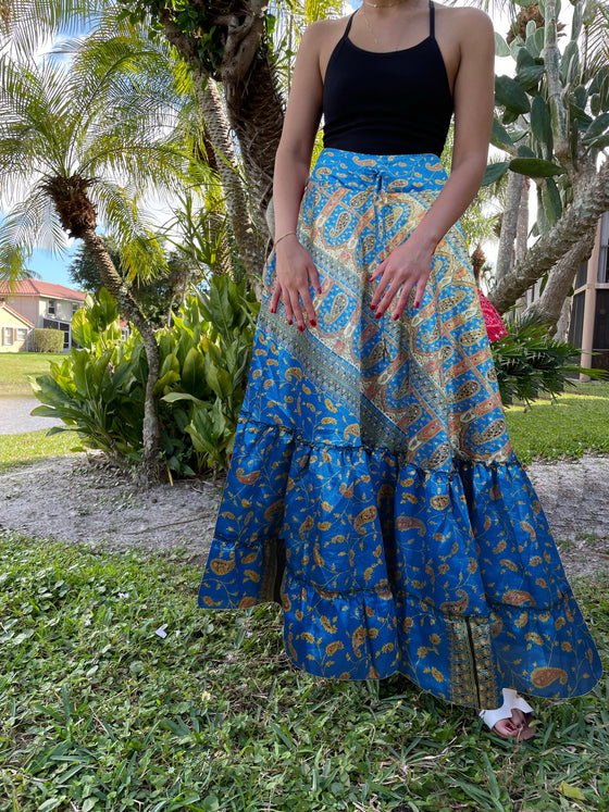 Womens Lapis  Blue Floral Beach Maxi Skirt Tiered Ruffle Boho Skirt ML