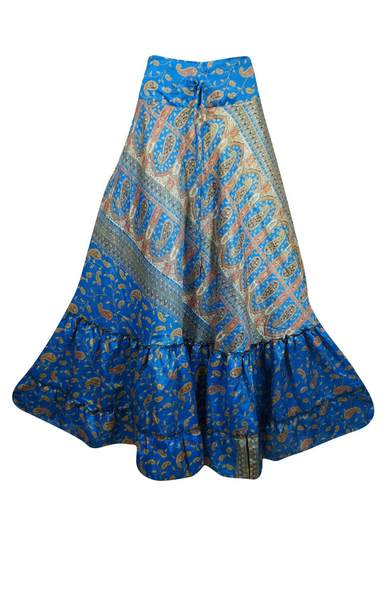 Woman's Maxi Skirt Lapis Blue Floral Maxi Skirt Tiered Stylish Boho Skirt ML