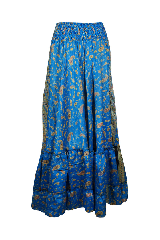 Woman's Maxi Skirt Lapis Blue Floral Maxi Skirt Tiered Stylish Boho Skirt ML