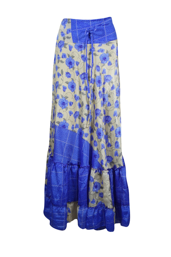 Woman's Maxi Skirt Blue Floral Skirt Patchwork Boho Skirt Dress M/L