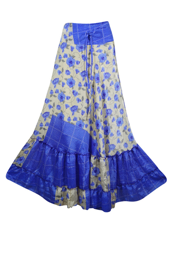 Woman's Maxi Skirt Blue Floral Skirt Patchwork Boho Skirt Dress M/L
