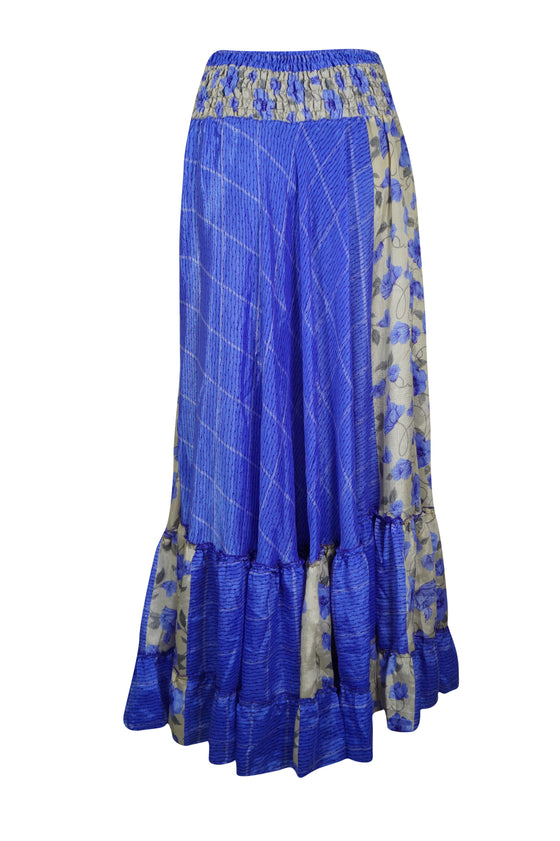 Woman's Maxi Skirt Blue Floral Skirt Patchwork Boho Skirt Dress M/L