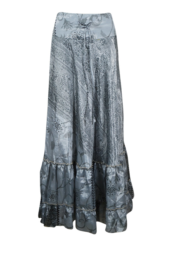 Boho Summer Maxi Skirts for Women Gray Flowy Handmade Skirt ML