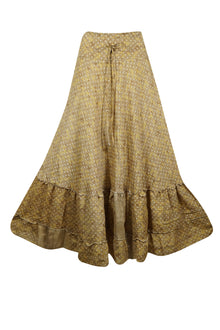  Maxi Skirt  Beige Leaf Print Skirt Woman's Tiered Stylish Boho Skirt ML