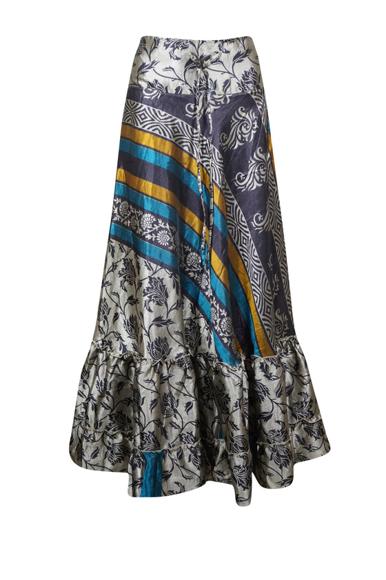 Boho Summer Maxi Skirts for Women Gray Flowy Handmade Skirt ML