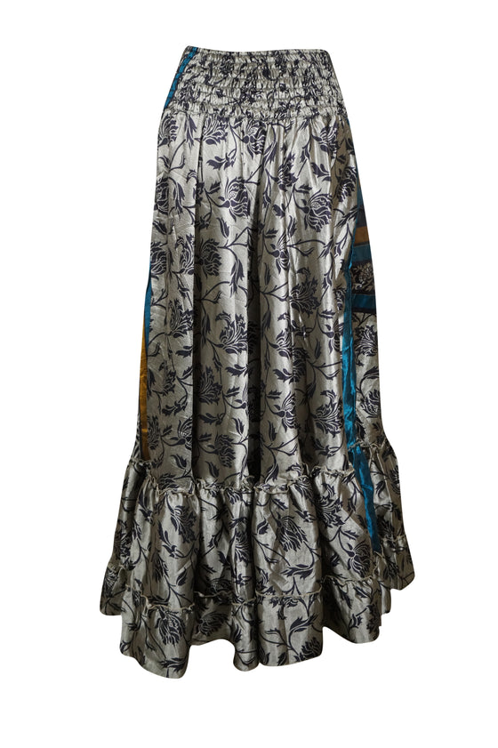 Boho Summer Maxi Skirts for Women Gray Flowy Handmade Skirt ML