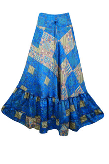  Woman's Maxi Skirt Lapis Blue Floral Maxi Skirt Tiered Stylish Boho Skirt ML