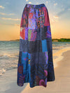 Womens Boho Maxi Skirt, Mixed Blue Patchwork Skirt, Beach, Summer, Cotton Skirts SM