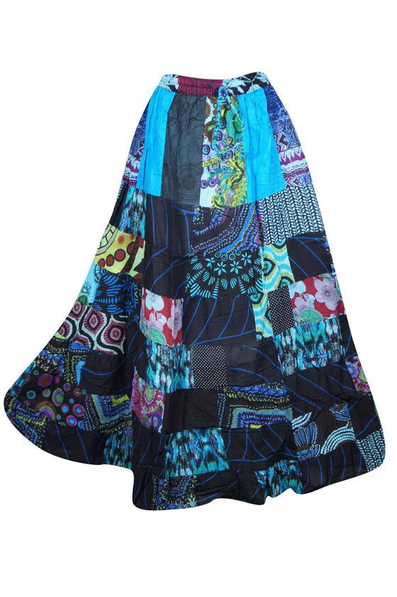 Womens Beach Maxi Skirt, Blue Summer Skirt, Gujarati Patchwork Gypsy Skirts, S/M