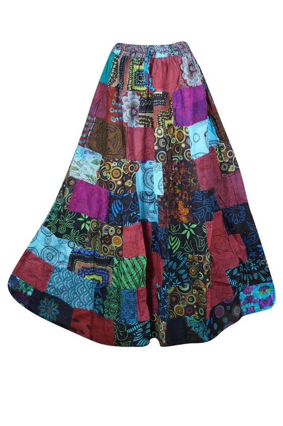 Women Blue Pink Maxi Skirt, Patchwork Skirt, Retro, CottonBoho Skirts S/M