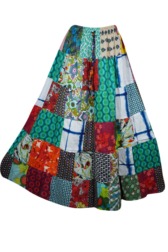 Women Vintage Maxi Skirt, Multi Green Patchwork Retro Long Skirts S/M