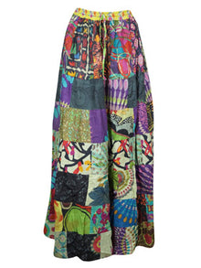  Womens Cotton Beach Maxi Skirt, Blue Summer Gujarati Patchwork Gypsy Skirts S/M