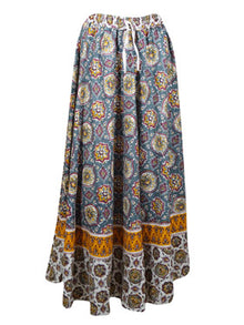  Womens Cotton Maxi Skirt, Casual Blue Floral Printed Beach Summer Flare Skirts S/M