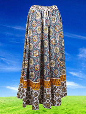 Womens Cotton Maxi Skirt, Casual Blue Floral Printed Beach Summer Flare Skirts S/M