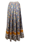 Womens Cotton Maxi Skirt, Casual Blue Floral Printed Beach Summer Flare Skirts S/M