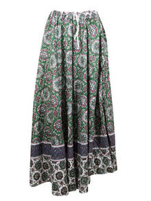  Womens Green Floral Maxi Skirt, Cotton Beach Gypsy Boho Flare Skirts, S/M