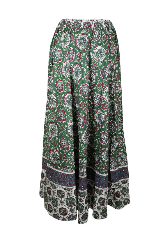 Womens Green Floral Maxi Skirt, Cotton Beach Gypsy Boho Flare Skirts, S/M