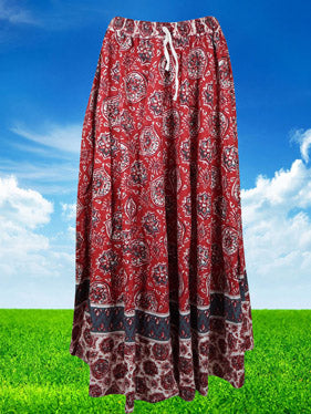 Womens Cotton Maxi Skirt, Red Floral Printed Summer Retro Style Hippy Skirts S/M