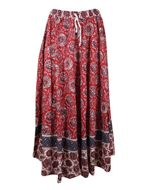 Womens Cotton Maxi Skirt, Red Floral Printed Summer Retro Style Hippy Skirts S/M