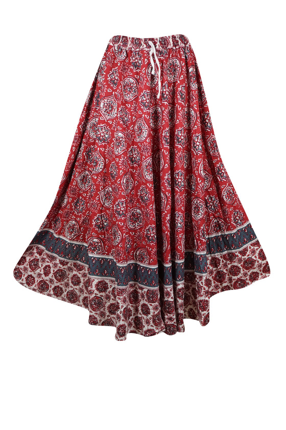 Womens Cotton Maxi Skirt, Red Floral Printed Summer Retro Style Hippy Skirts S/M