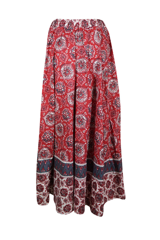 Womens Cotton Maxi Skirt, Red Floral Printed Summer Retro Style Hippy Skirts S/M