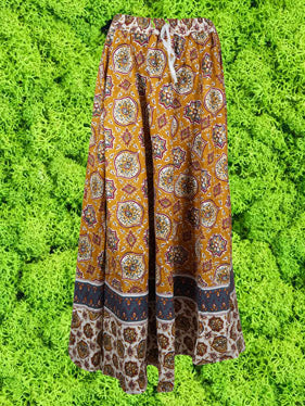 Womens Orange Cotton Maxi Skirt, Floral Printed Summer Retro Style Hippy Skirts S/M