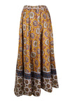 Womens Orange Cotton Maxi Skirt, Floral Printed Summer Retro Style Hippy Skirts S/M