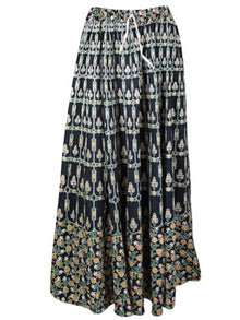  Womens Maxi Skirt, Floral Printed Flared Long Skirts, Black Cotton Skirts S/M