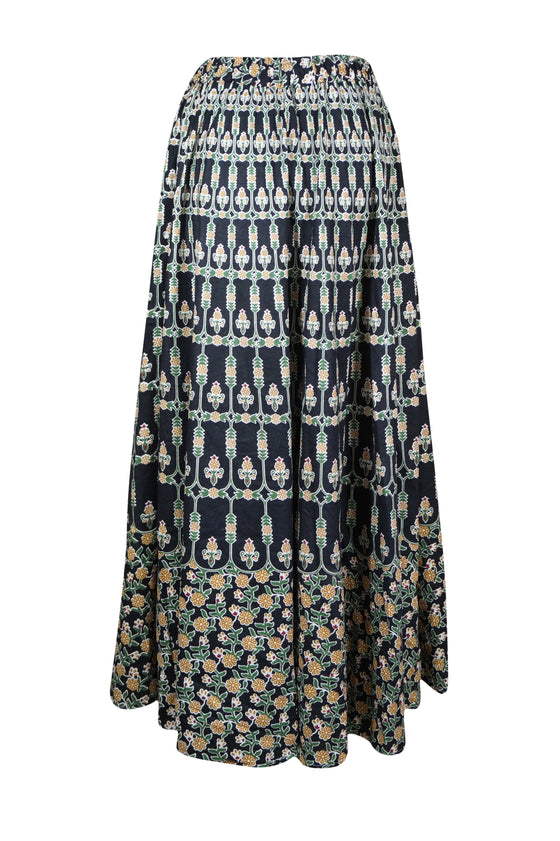 Womens Maxi Skirt, Floral Printed Flared Long Skirts, Black Cotton Skirts S/M