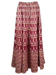  Womens Red Floral Printed Maxi Skirt, Summer Hippie Flared Long Skirts S/M