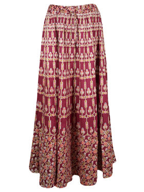 Womens Red Floral Printed Maxi Skirt, Summer Hippie Flared Long Skirts S/M