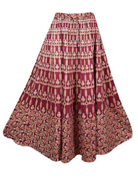 Womens Red Floral Printed Maxi Skirt, Summer Hippie Flared Long Skirts S/M