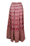 Womens Red Floral Printed Maxi Skirt, Summer Hippie Flared Long Skirts S/M