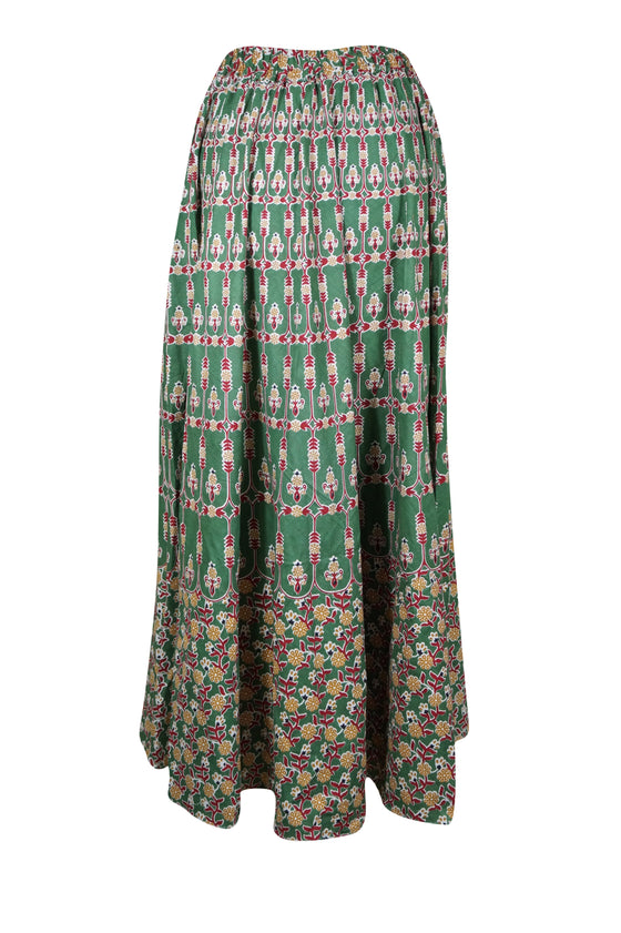 Woman Retro Maxi Skirt, Green Block Print Skirts, Summer Boho Chic Beach Skirt, S/M