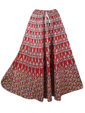 Womens Maxi Skirt, Red Indi Boho A-Line Flared Skirts S/M/L