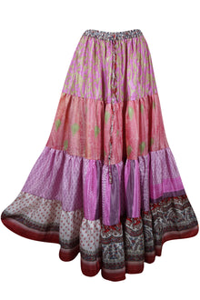  Womens Pink, Purple Floral Beach Maxi Skirt Patchwork Boho Skirts S/M