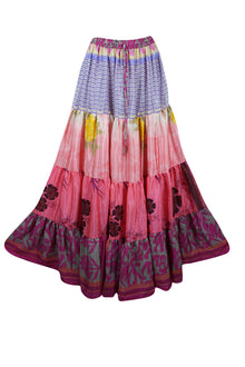  Womens Rouge Pink Floral Beach Long Skirt Patchwork Boho Skirts S/M
