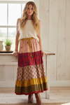 Women’s Red Pink Floral Patchwork Maxi Skirt – Boho Beach Style Handmade Long Skirt S/M