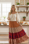 Women’s Red Orange Floral Patchwork Maxi Skirt – Boho Beach Style Long Skirt S/M
