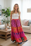 Women’s Dark Pink Floral Patchwork Boho Maxi Skirt | Flowing Summer Skirt S/M