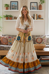 Women’s Beige & Blue Floral Patchwork Boho Maxi Skirt | Flowy Summer Skirt  S/M