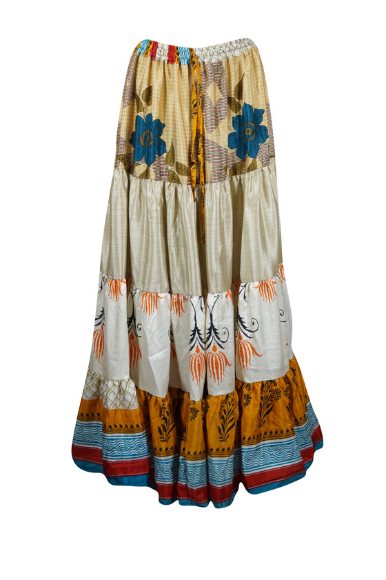 Women's Skirt  Beige, Blue Floral Maxi Skirt Patchwork Boho Skirts S/M