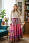 Women’s Hot Pink Floral Patchwork Boho Long Skirt | Flowing Maxi Skirt S/M
