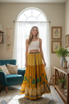 Women’s Mustard Yellow Floral Patchwork Boho Maxi Skirt | Beach Style Summer Skirt S/M