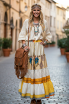 Women’s Beige & Yellow Floral Maxi Skirt | Patchwork Boho Skirt Dress S/M