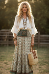 Women's Beige & Green Leaf Print Long Skirt | Patchwork Boho Maxi Skirt S/M