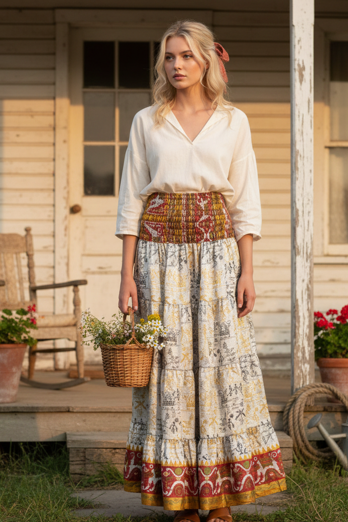 Handmade Bohemian Long Skirt – Flowy A-Line Maxi with Smocked Waist